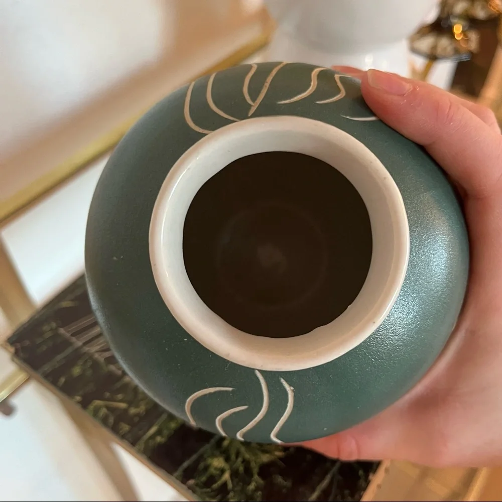 Rare Waylande Gregory 1950s Sgraffito Teal Green Art Deco Moon Face Vase Pottery - Picture 7 of 9